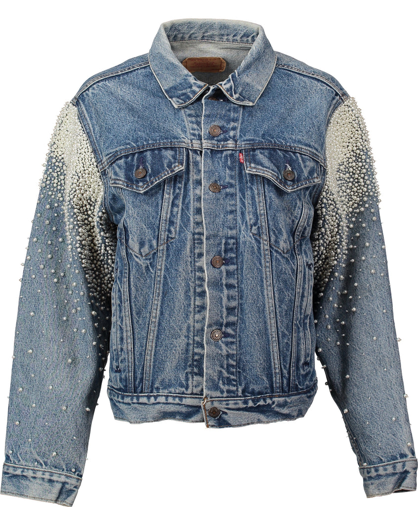 Hand embroidered, crystal and pearl vintage denim jacket for the beach bride
