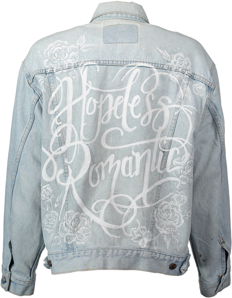 'Hopeless Romantic' hand painted vintage denim bridal jacket