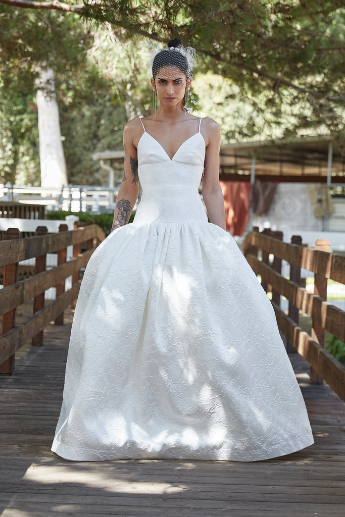 Pleated Ruffle V neck wedding gown 