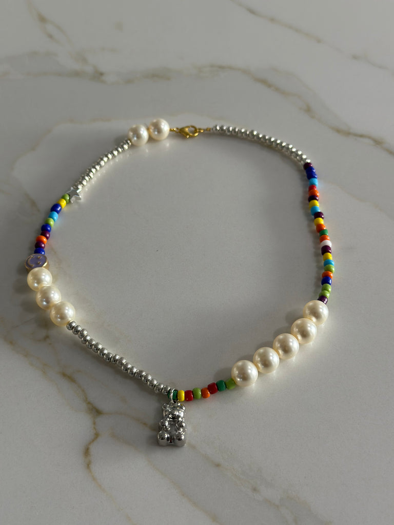 Silver Gummy Bear and Multi Color Charm Necklace