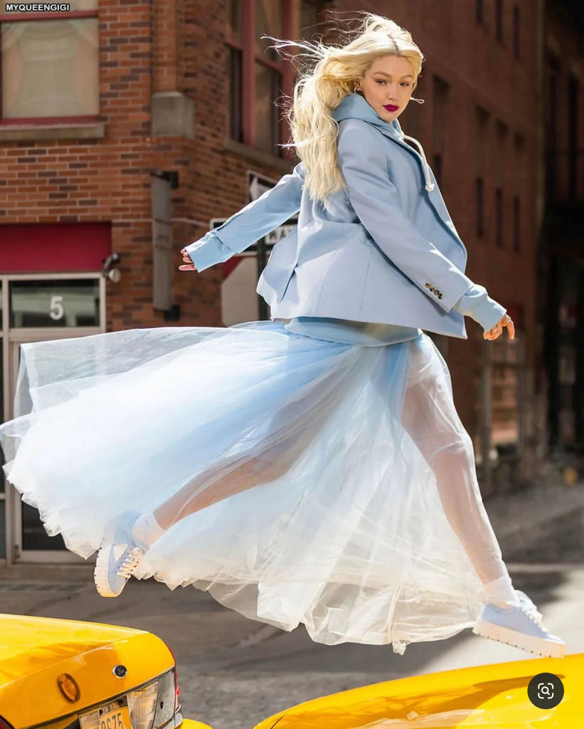 Gigi Hadid in HOUGHTOn Tulle Skirt for Maybelline Campaign in New York City