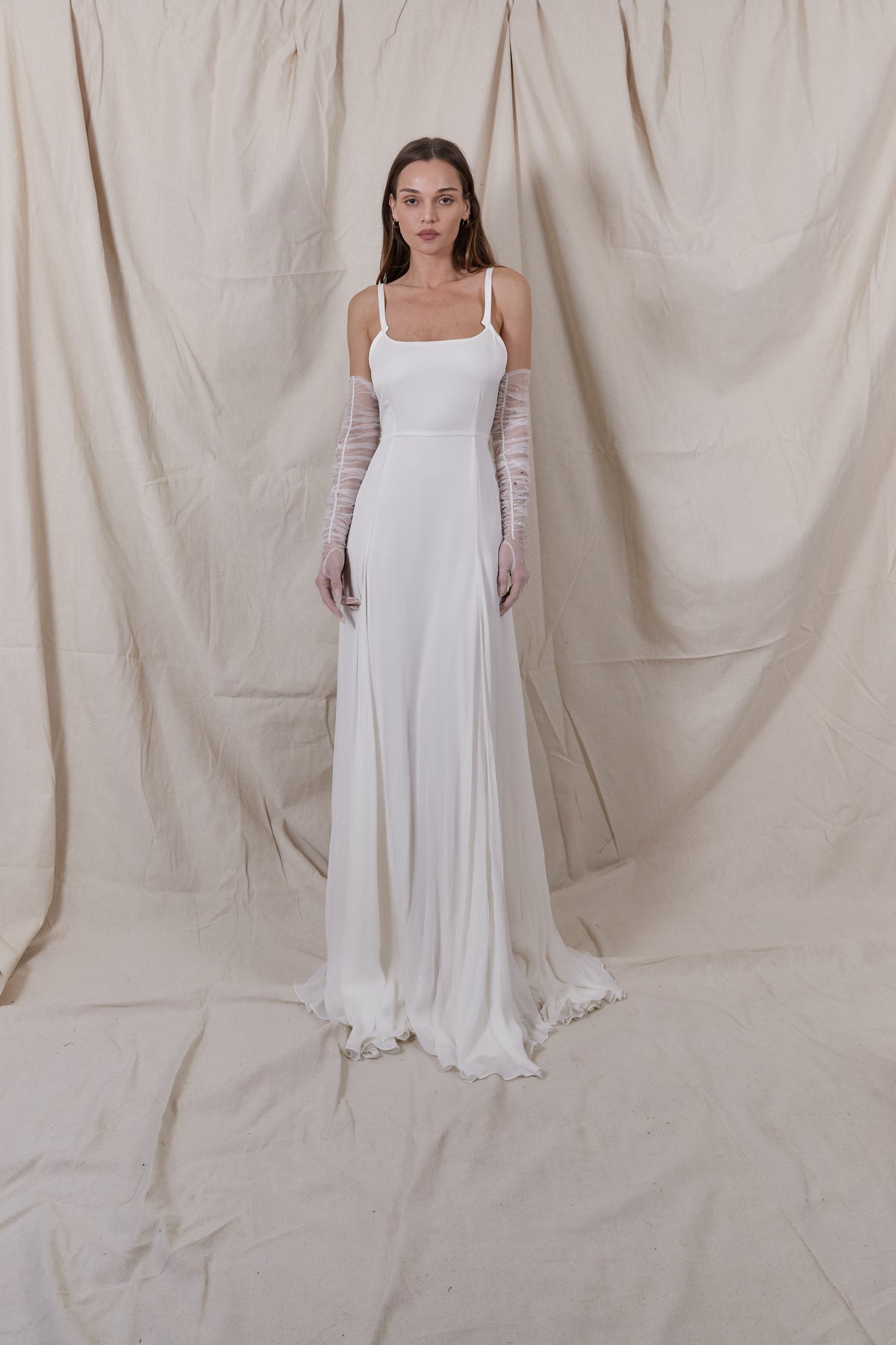 silk georgette wedding dress Silk Georgette Flutter Sleeve A-line Wedding Dress with Navy Sash Light Ivory