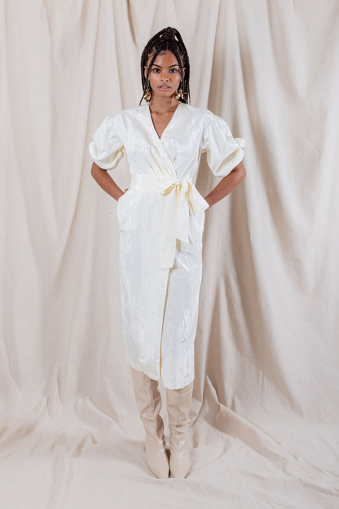 white wrap dress midi Ivory - Long Sleeve Dress - Cutout Linen Dress this midi dress accentuates the waist with gathered detailing for a flattering finish Karmen Midi Wrap Dress